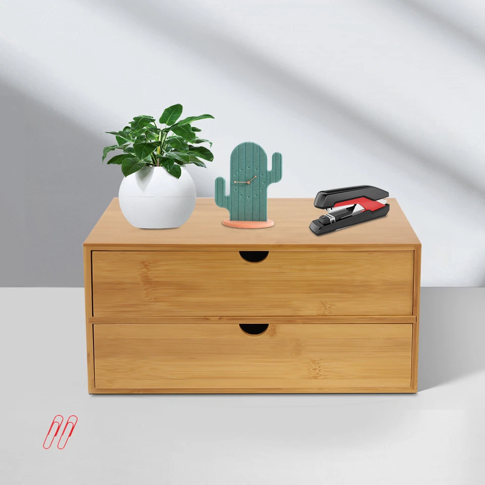 Desktop Organizer with 2 Drawers Bamboo Tabletop Storage Cabinte Rectangular TOP - Image 1 of 4