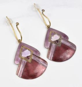 Elegant Yellow Gold Wash over Sterling Silver Purple Rose Enamel Drop Earrings - Picture 1 of 13
