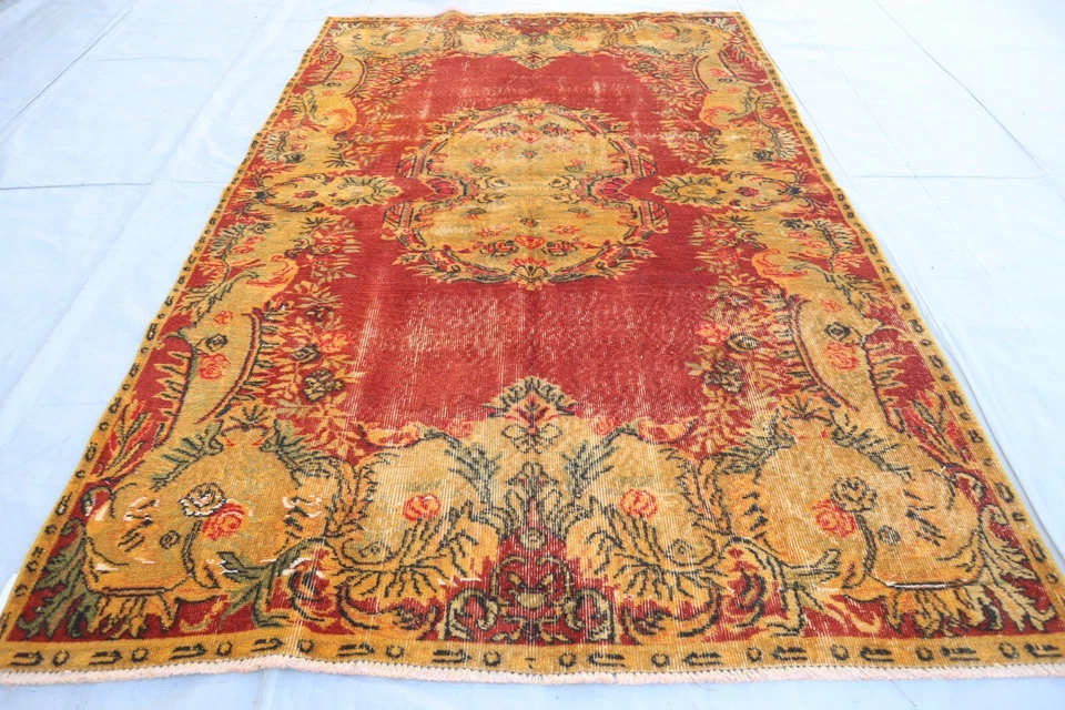 5'7x8'3 ft Caucasian Antique Rug- Red Gold Afghan Floral Rug- Handmade Wool Rugs - Image 1 of 4