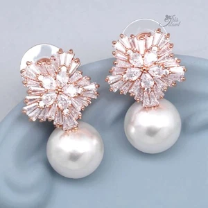 Pearl Stud Earrings Dangle Rose Gold Plated Cubic Zirconia Women Wedding Flower - Picture 1 of 4