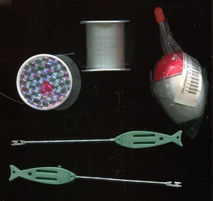 TWO FISHHOOK DETATCHERS, BOBBER, & TWO PARTIAL SPOOLS OF LINE. (i989) - Picture 1 of 4