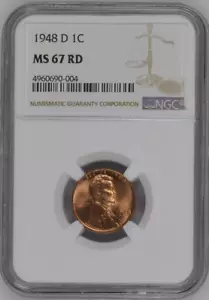 :1948-D 1C LINCOLN CENT SUPERB NGC MS-67 RED LOW POP RARITY R5 HIGHEST GRADES - Picture 1 of 2
