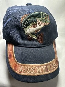 KISS MY BASS Ball Cap Navy Brown Hat Fishing Fish Logo Sports Golden Lion Vtg - Picture 1 of 14