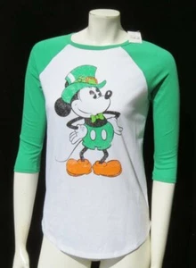 NEW DISNEY Green Irish Mickey Mouse ¾ Sleeves Baseball Shirt sz US Women’s XS S - Picture 1 of 3