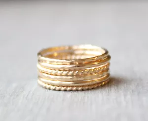 Set of 6 Gold Brass Stacking Rings, Smooth Twisted Hammered Bands, Women Jewelry - Picture 1 of 9