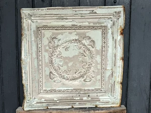 C.1885 Tin Ceiling Panel Bay Leaf WREATH & Fleur De Lis 24x24" Shabby, Holidays - Picture 1 of 8