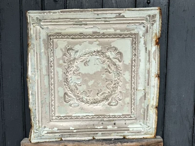 C.1885 Tin Ceiling Panel Bay Leaf WREATH & Fleur De Lis 24x24" Shabby, Holidays - Image 1 of 4