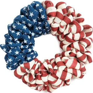 20 In Patriotic Burlap Wreath, 4th of July Summer Burlap Stripe and Stars Prints - Picture 1 of 5