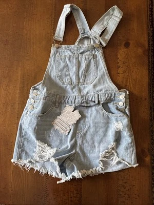 Hot Kiss Denim Overallls Size 6 Light Blue Distressed Shortalls - Image 1 of 4