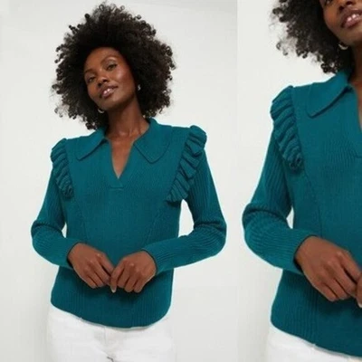 Tuckernuck NEW Hyacinth House Teal Ruffle Casey Collared V-Neck Sweater Size M - Image 1 of 4