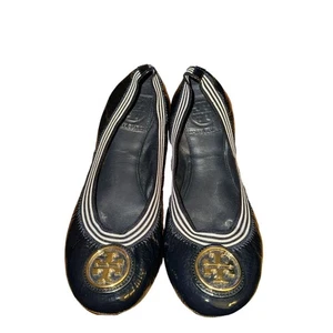 Tory Burch Caroline 2 Naplack Elastic Ballet Flats Women's 6 M Navy Blue Leather - Picture 1 of 10