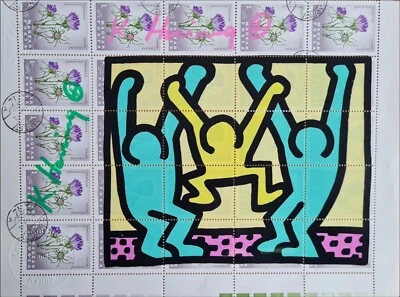 KEITH HARING * ORIGINAL VOM KÜNSTLER SIGNIERT AUF BRIEFMARKENBOGEN - SERIGRAPHIE - Bild 1 von 4