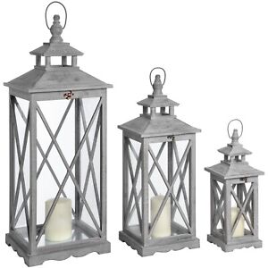 Set Of Three Wooden Lanterns With Traditional Cross Section Grey