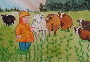 ACEO Original - a Boy & Sheep in Forest, Sweden - Watercolor 2.5 x 3.5 Signed - Picture 1 of 4