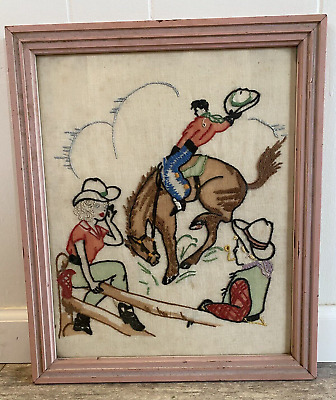 Vintage 1948 Cowgirl Cowboy Rodeo Needlepoint Cross-Stitch Embroidery Art • 66.79$