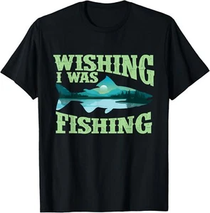 Wishing I Was Fishing - Fisherman Fish Lover Angling T-Shirt Hoodie - Picture 1 of 13