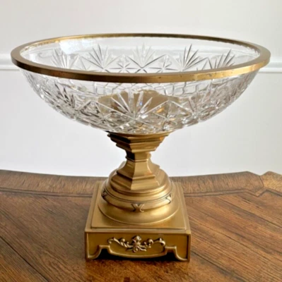 19th Century French Empire Gilt Glass Centerpiece Fruit Bowl On Bronze Pedestal - Image 1 of 4