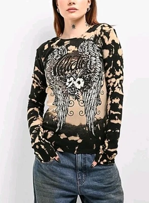Y2K Affliction Womens Sz L Bleach Splatter Thermal Shirt Wings Grunge Trashy  - Image 1 of 4