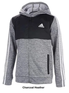 adidas Boys Large Poly Hooded Full Zip Jacket Charcoal Heather Gray Black Hoodie - Picture 1 of 5