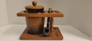 Pipe Tobacco Glass Jar In Wood Holder One Pipe Holds Four Humidor Embossed 7" H - Picture 1 of 7