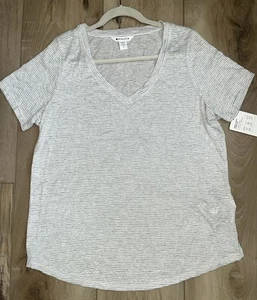ATHLETA SCOOP V-NECK SHORT SLEEVE BREEZY TEE TOP STRIPE WHITE GRAY SIZE L NEW - Picture 1 of 9