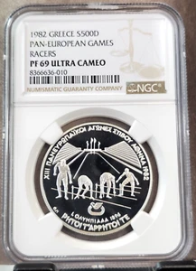 1982 GREECE SILVER 500 DRACHMAI PAN EUROPEAN GAMES NGC PF 69 ULTRA CAMEO TOP POP - Picture 1 of 3