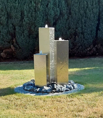 Säulenbrunnen Wasserspiel eckig 3er-Set Edelstahl matt gebürstet 100/80/60 x20cm - Bild 1 von 4