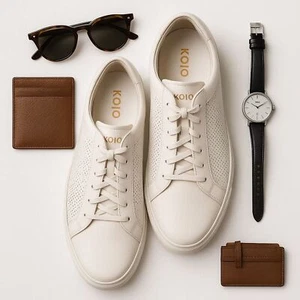 KOIO Capri Perforated Leather Sneakers Men’s Size 46 – White – Made in Italy GUC - Picture 1 of 9