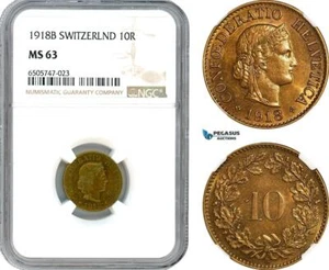 AH806, Switzerland, 10 Rappen 1918 B, Bern Mint, NGC MS63 - Picture 1 of 1