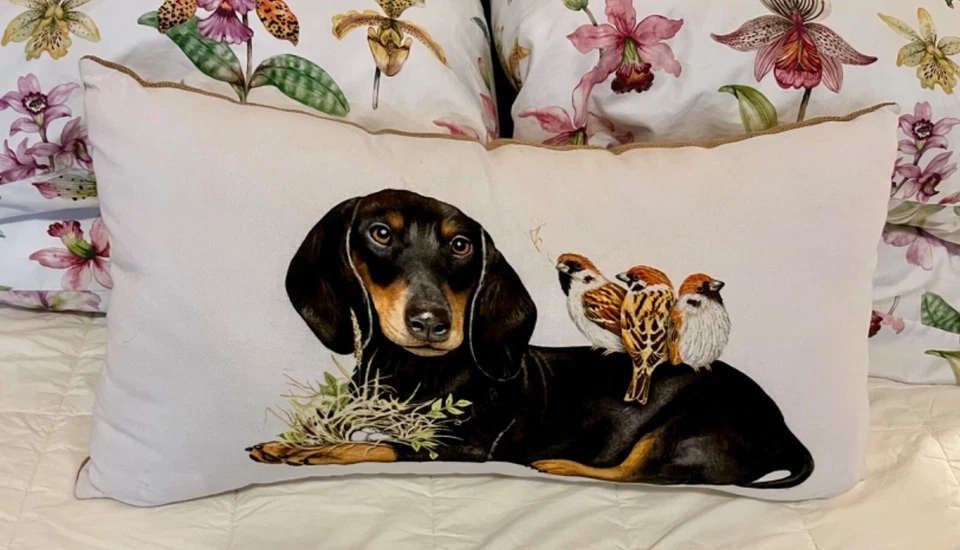 Creative Co-op Dachshund Dog with Birds Lumbar 26"x14” Pillow, New, Sealed Bag - Image 1 of 4