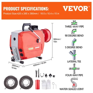 VEVOR Macchina per La Pulizia Degli Scarichi 250W Elettrico Fogna Serpente Cocle - Foto 1 di 14