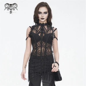 Devil Fashion Women Black Gothic Strappy Cold Shoulder Tasseled Mesh Lace Tops - Picture 1 of 22