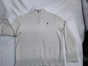 Ralph Lauren Cream Blue Polo Logo Long Sleeve Cotton Zip Collar SZ Med Shirt - Picture 1 of 15