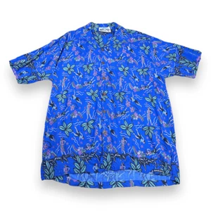 Vintage Hula Girls Hawaiian Shirt Adult LARGE Blue 90s Rainbow Jo Floral Maui - Picture 1 of 6