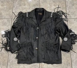 Mens 48 SCULLY Black Leather Fringe Beaded Hand Lace Western Navajo Jacket - Picture 1 of 16