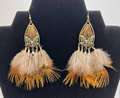 Bohemian Earrings Boho Brown Gold Butterfly Feathers Dangle Hook Jewelry - Image 1 of 4