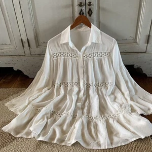 XL New White Cotton Button-Up Embroidered Tunic Top Blouse Shirt Womens X-LARGE - Picture 1 of 8