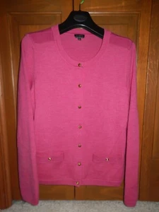 TALBOTS Womens Pure MERINO WOOL L/S Hot Pink Cardigan Sweater L Pockets - Picture 1 of 12