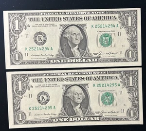 (2) (UNC) 1985 $1 Consecutive # Dallas Federal Reserve Notes-A106 - Picture 1 of 2