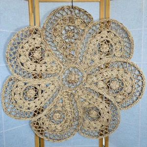Vintage Floral Shaped Seagrass Rush Straw Rug Handwoven Organic Floor Mat 36" - Picture 1 of 12