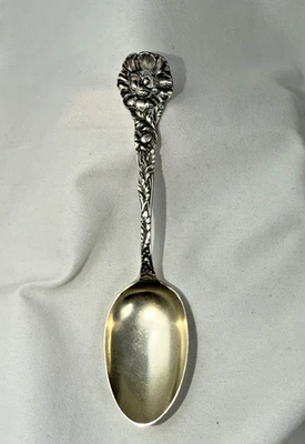 Antigua cuchara Baker Manchester plata esterlina lavado dorado 5 1/8" de largo Foto 1 de 4