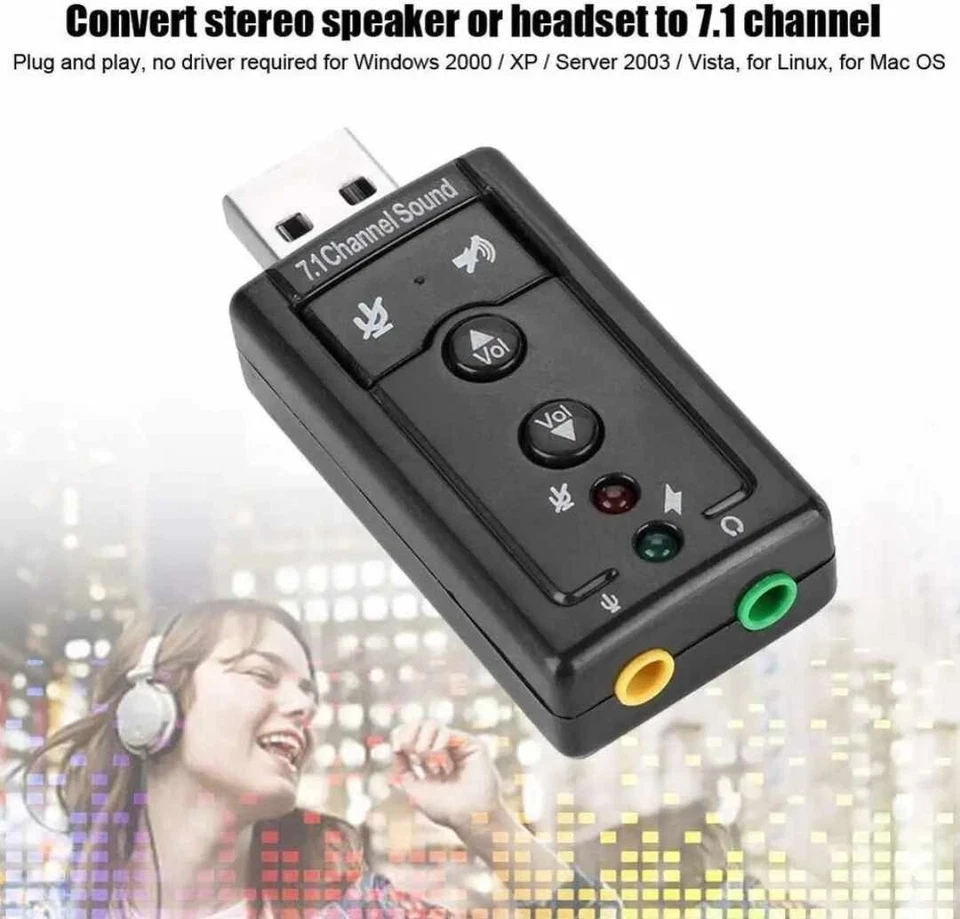 External USB Sound Card 7.1 Channel 3D Audio Adapter 3.5 mm Headset Replacement  - Bild 1 von 1