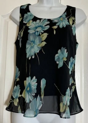 Blusa Top Sin Mangas Miss Dorby Mujer Negra Azul Floral COTTAGECORE TALLA 8 De Colección Foto 1 de 4