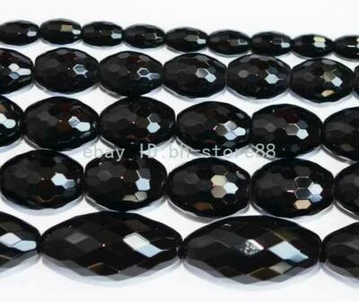 AAA Cut Faceted Olivary Oval Onyx Black Agate Gemstone Beads 15" High Quality - Image 1 of 3