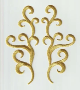 Embroidered Iron-on/Sew-on Gold appliques Scrolls - 6 inches long - 4 Pairs - Picture 1 of 2