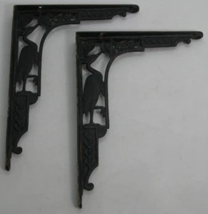 Antique Old Cast Iron Wall Shelf Brackets Ornate Crane Set / Pair - Picture 1 of 8