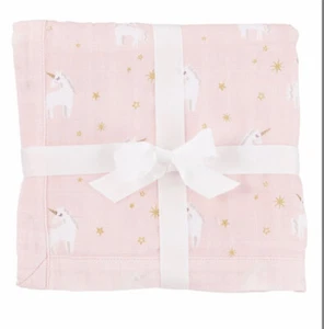 New Mud Pie Baby Blanket Pink Unicorn Muslin /Trim 36x36” Baby Girl Shower Gift - Picture 1 of 7