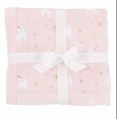 New Mud Pie Baby Blanket Pink Unicorn Muslin /Trim 36x36” Baby Girl Shower Gift - Image 1 of 4