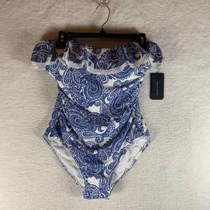 Tommy Hilfiger Women's Blue Paisley Ruffled Strapless One Piece Swimsuit Size 16 - Picture 1 of 8