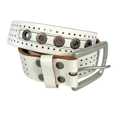 Buffalo David Bitton 白色穿孔铆钉镍饰面皮革腰带 32 码 — 第 1/4 张图片